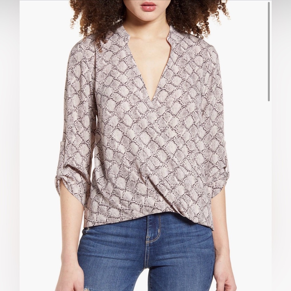 All in Favor Blush Pink and Gray Snake-Print Surplice Blouse